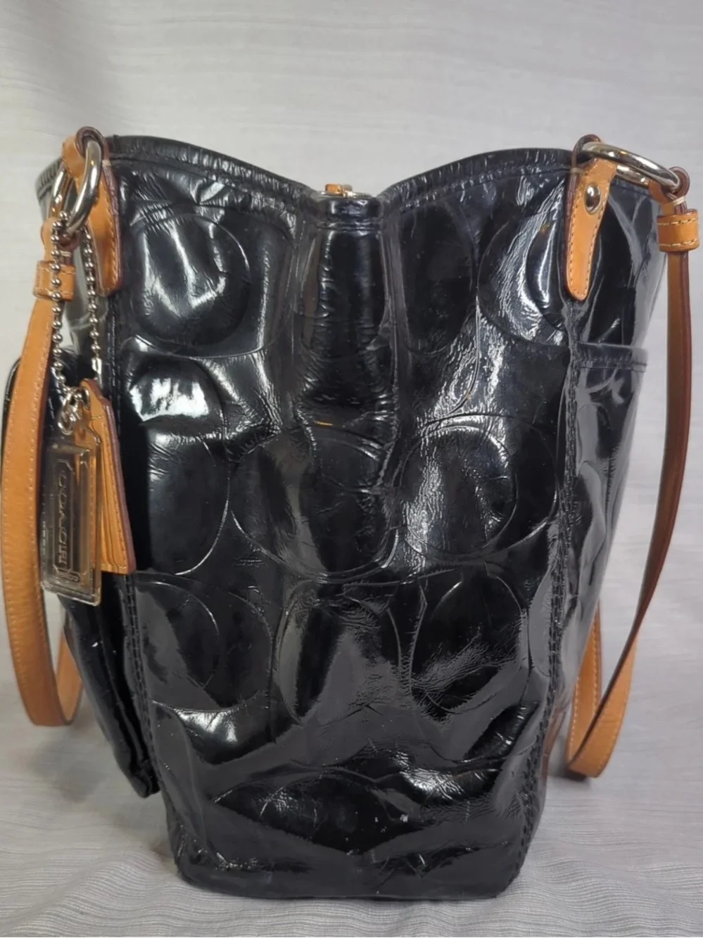 COACH Signature LEAH Black Embossed Patent Leather Logo SHOULDER TOTE BAG F14663